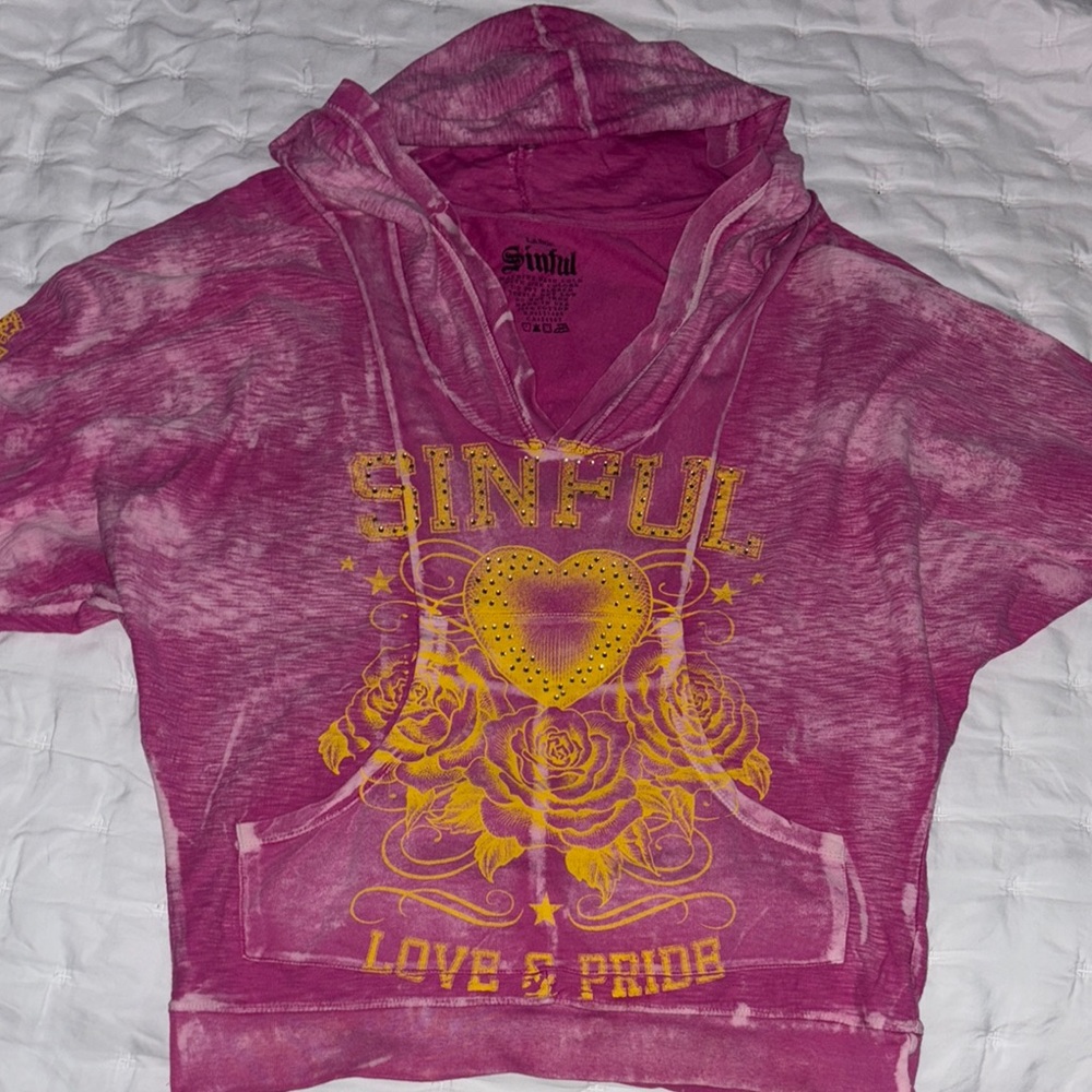 Rare off shoulder Sinful Pink and Yellow Graphic Hoodie Sweatshirt